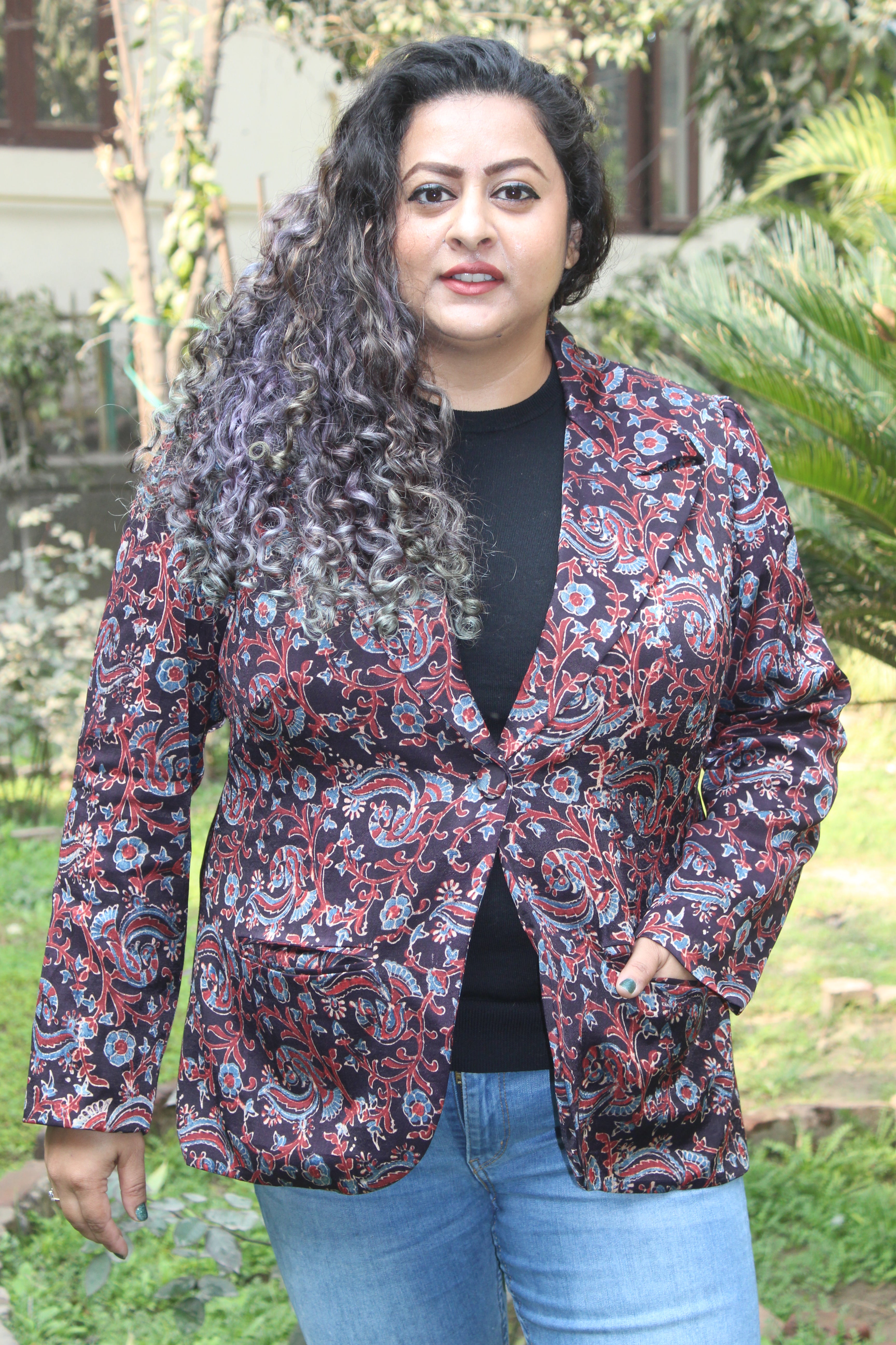Black Ajrakh Handblock Printed Mashru Silk Blazer-Floral