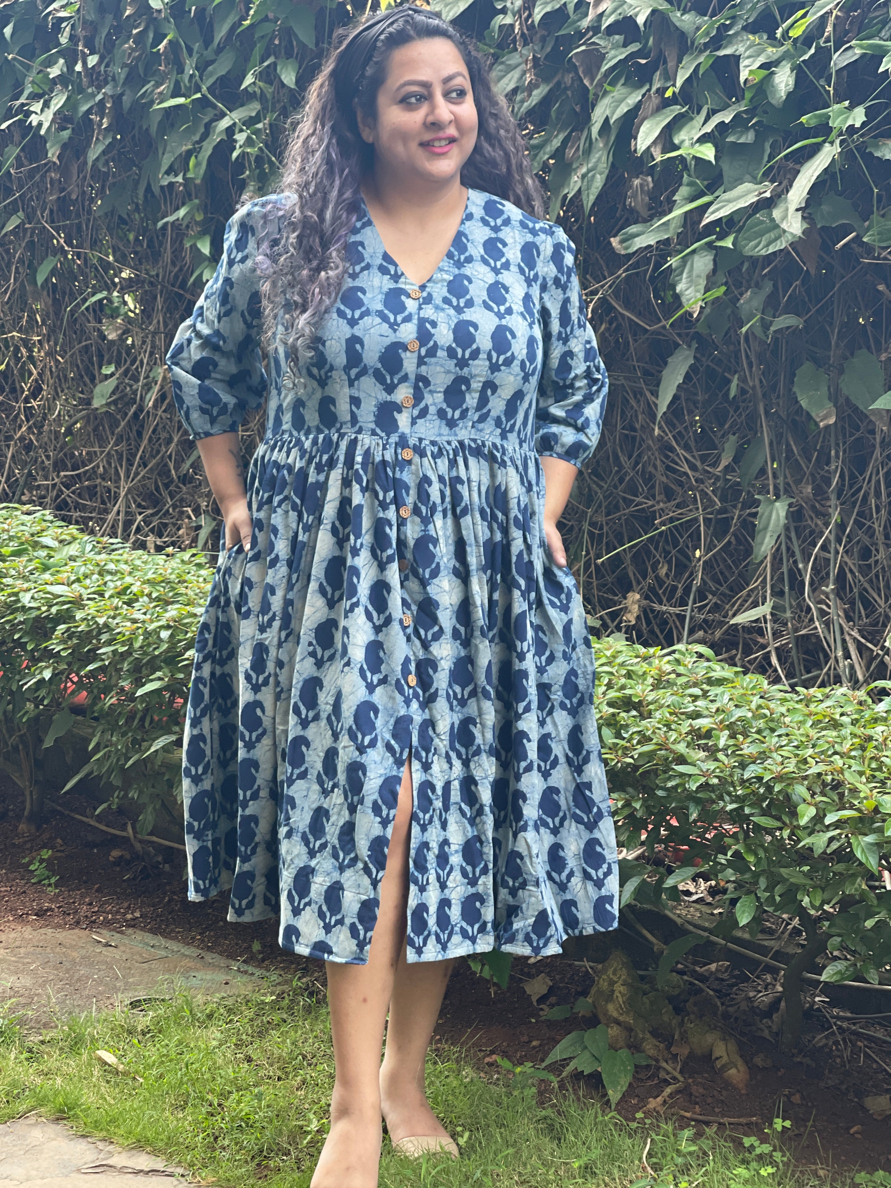 Indigo Handblock printed cotton dress with wooden buttons