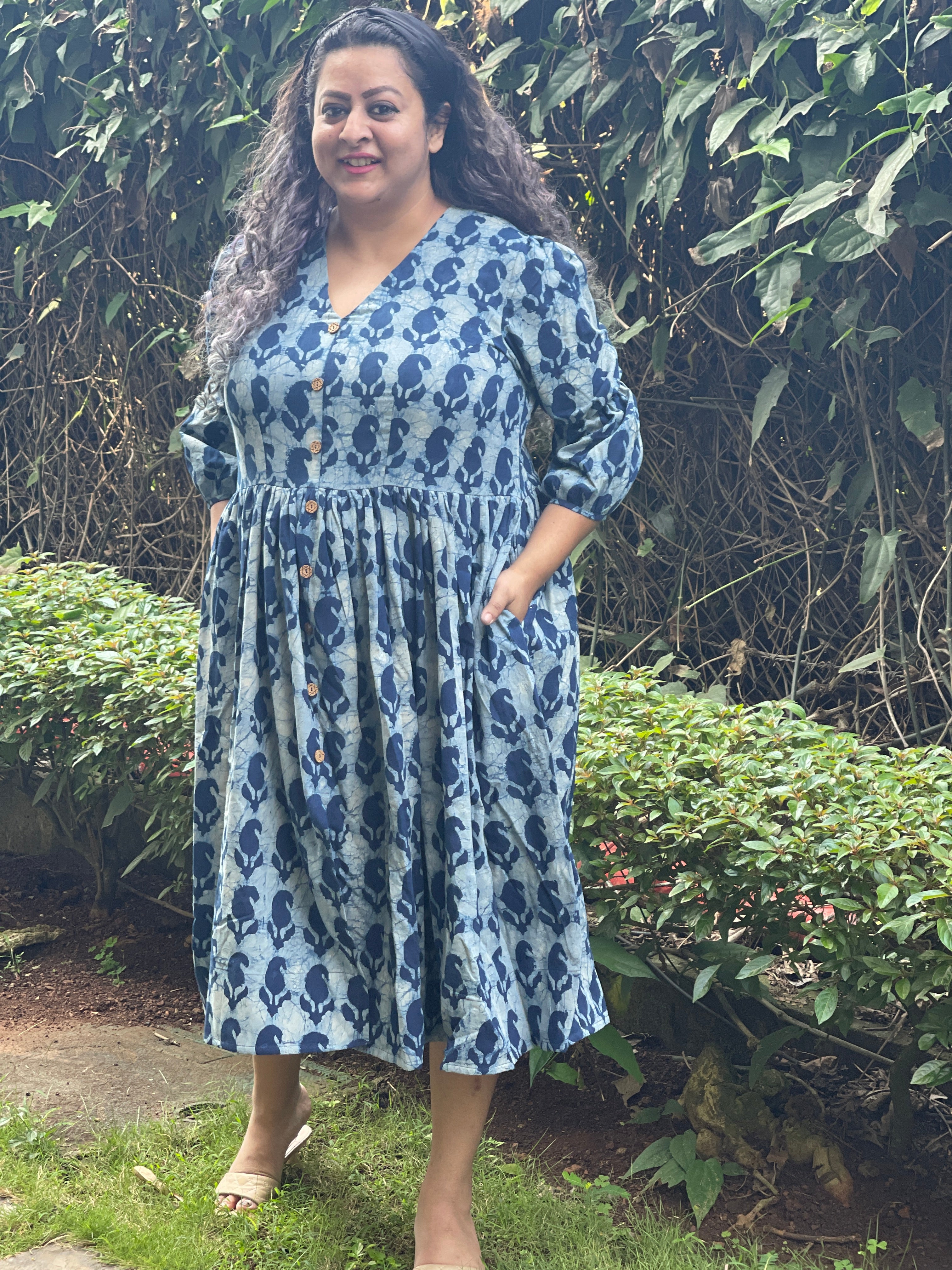 Indigo Handblock printed cotton dress with wooden buttons