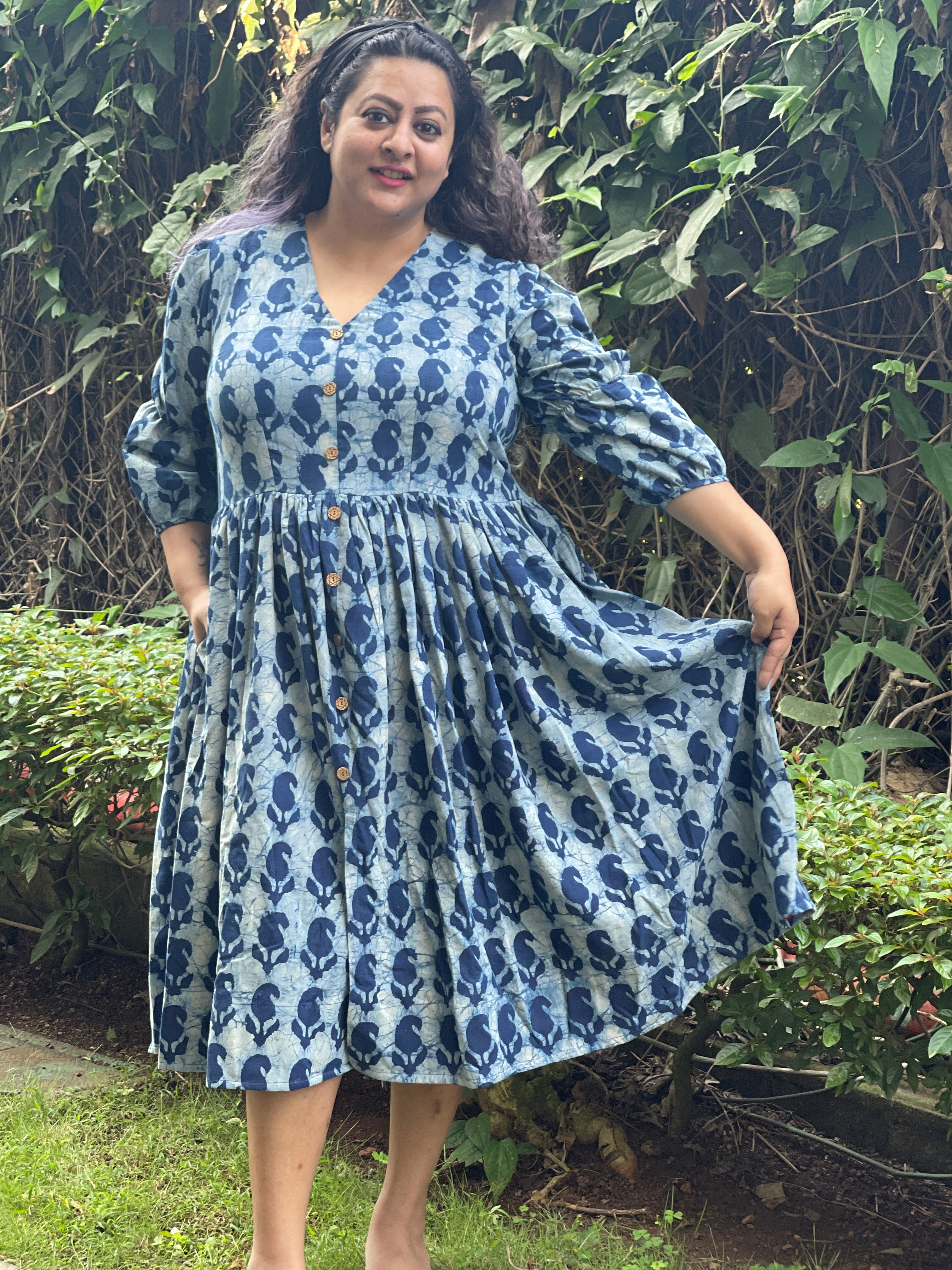 Indigo Handblock printed cotton dress with wooden buttons