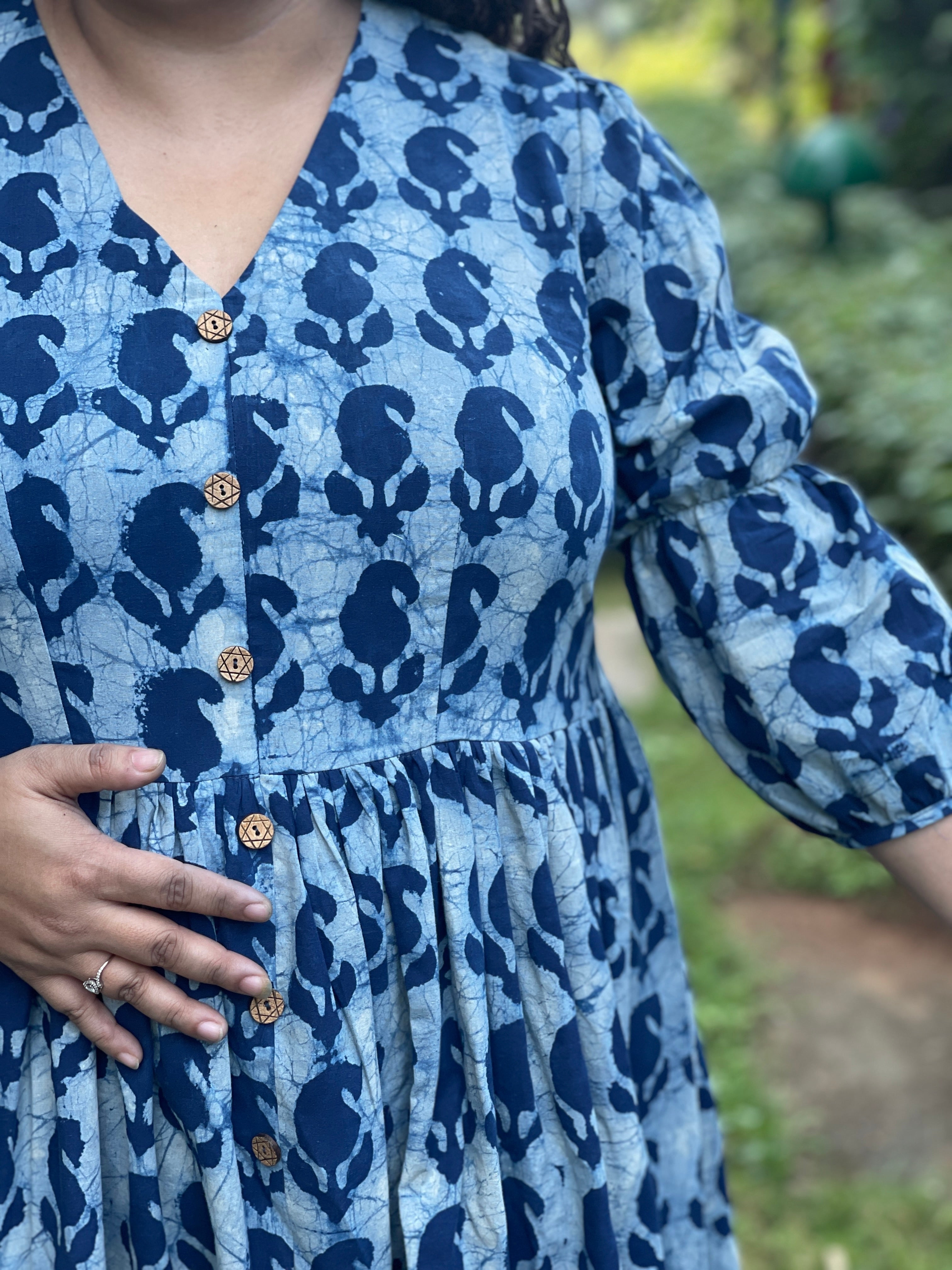 Indigo Handblock printed cotton dress with wooden buttons