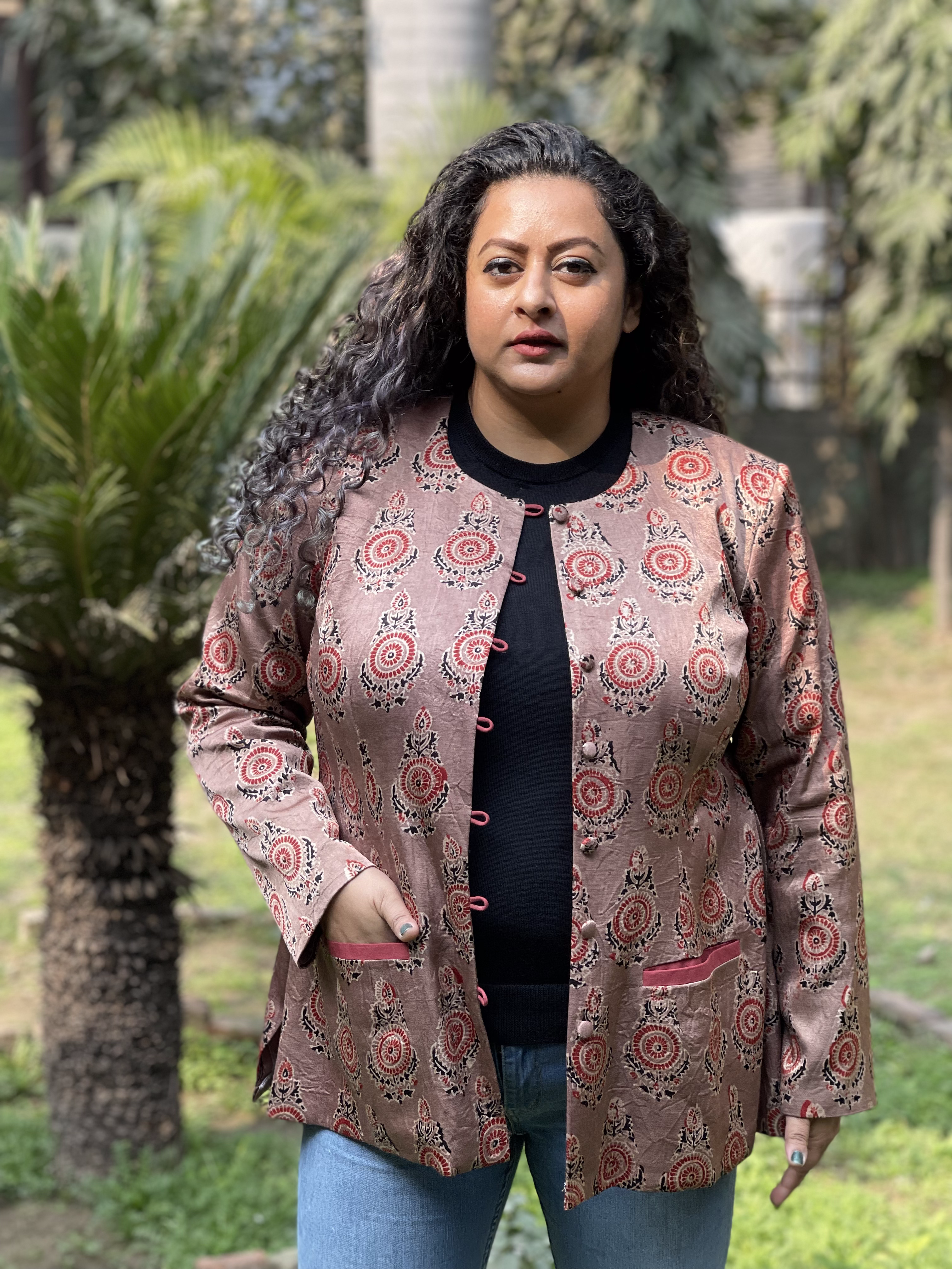 Rose Pink Ajrakh Handblock Printed Mashru Silk Blazer