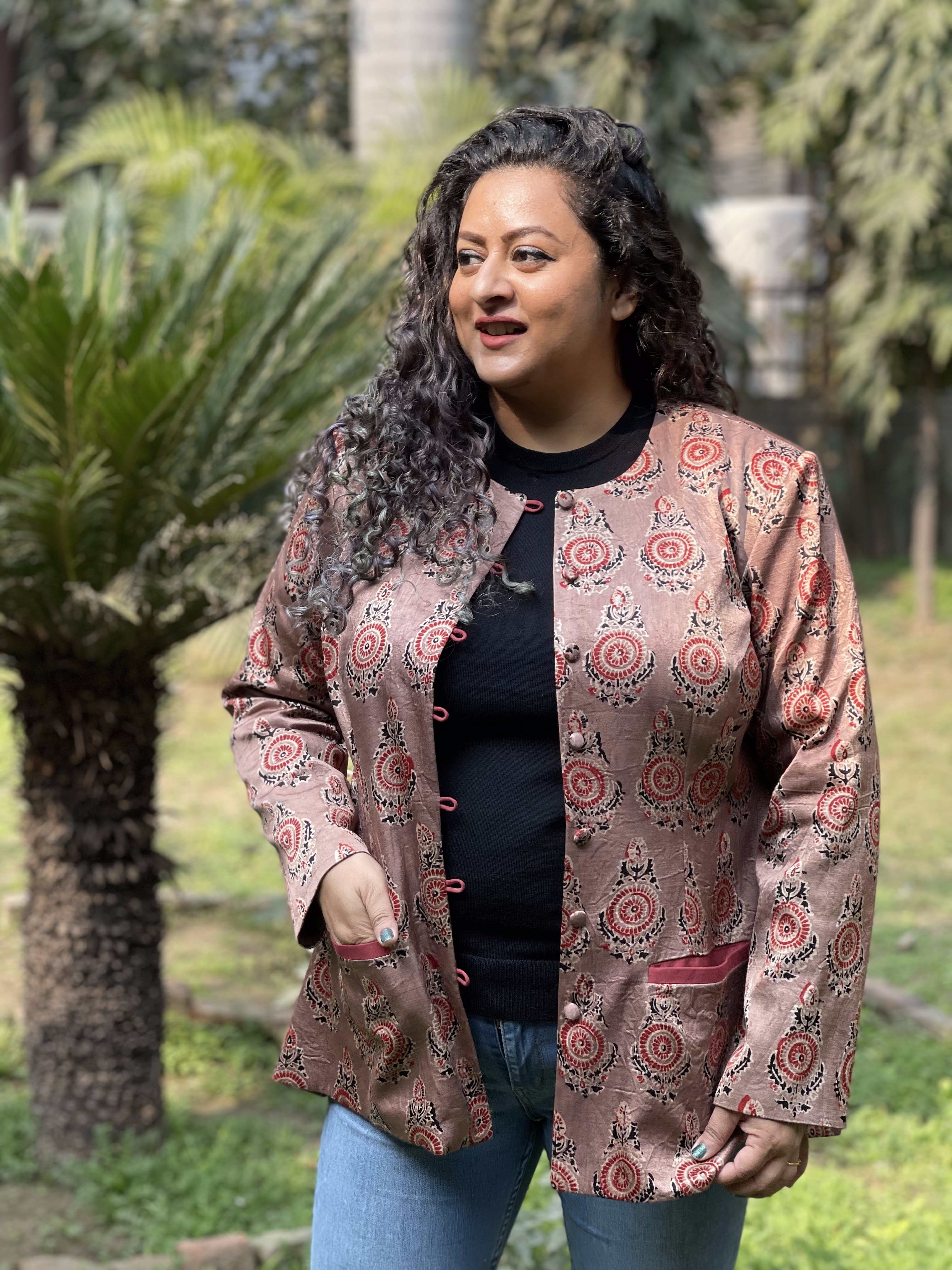 Rose Pink Ajrakh Handblock Printed Mashru Silk Blazer