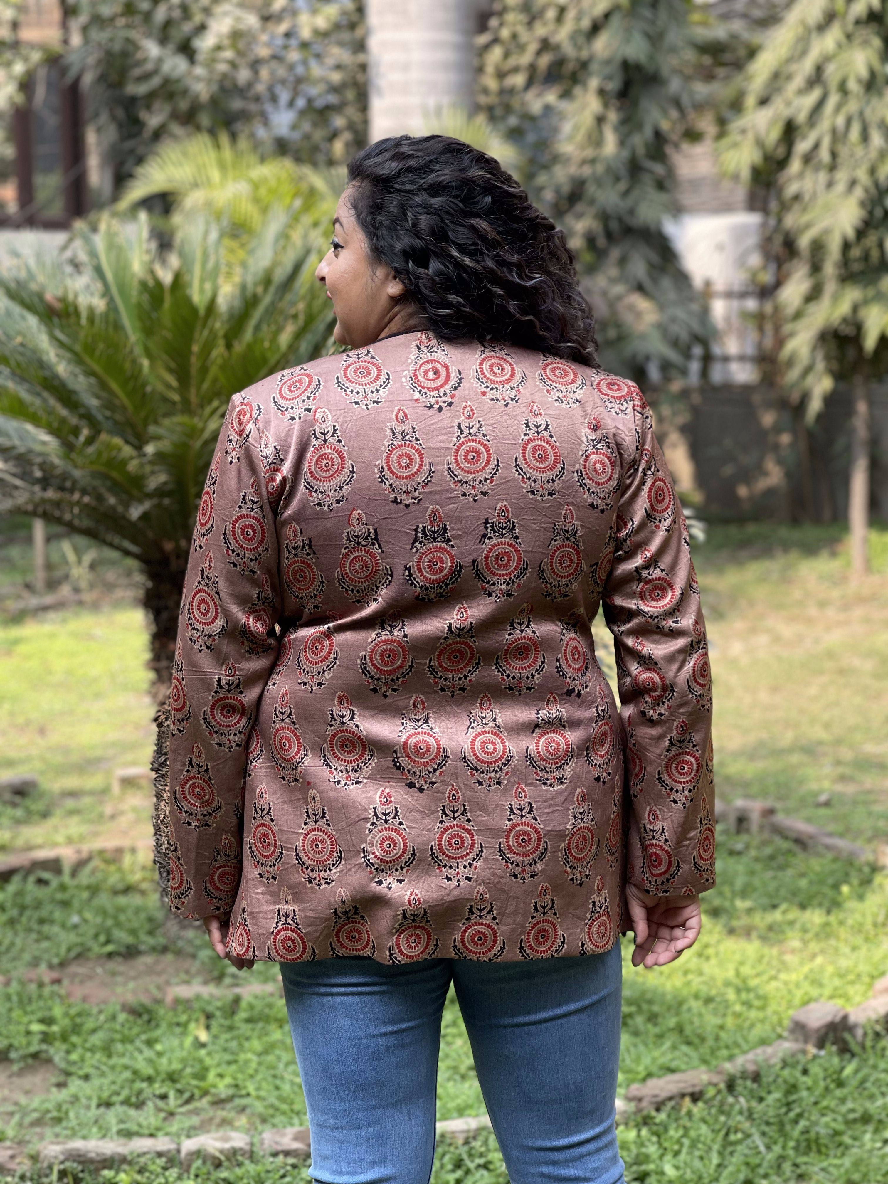 Rose Pink Ajrakh Handblock Printed Mashru Silk Blazer