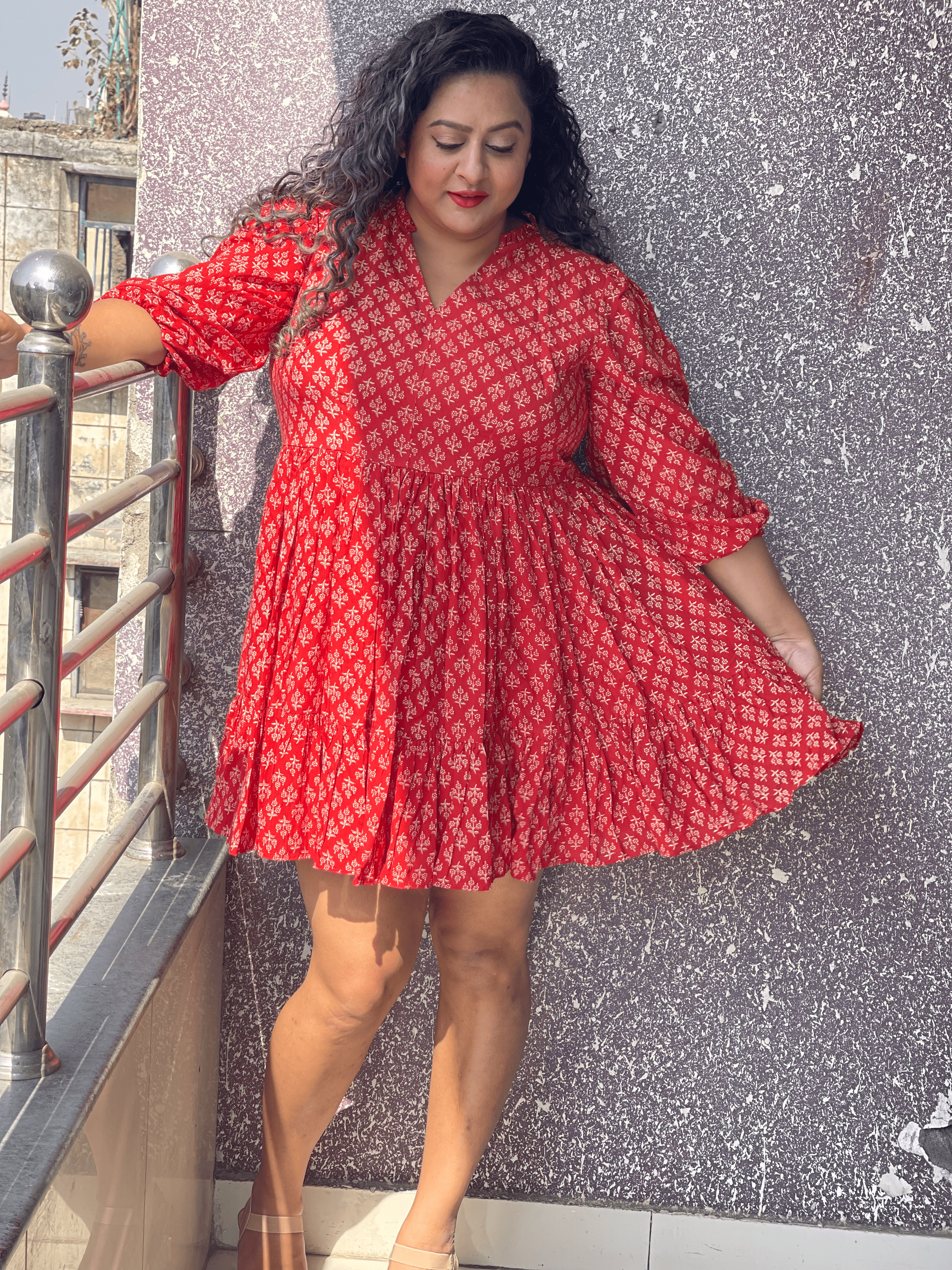Red Bagru Handblock Printed Modal Cotton Frock Style Dress