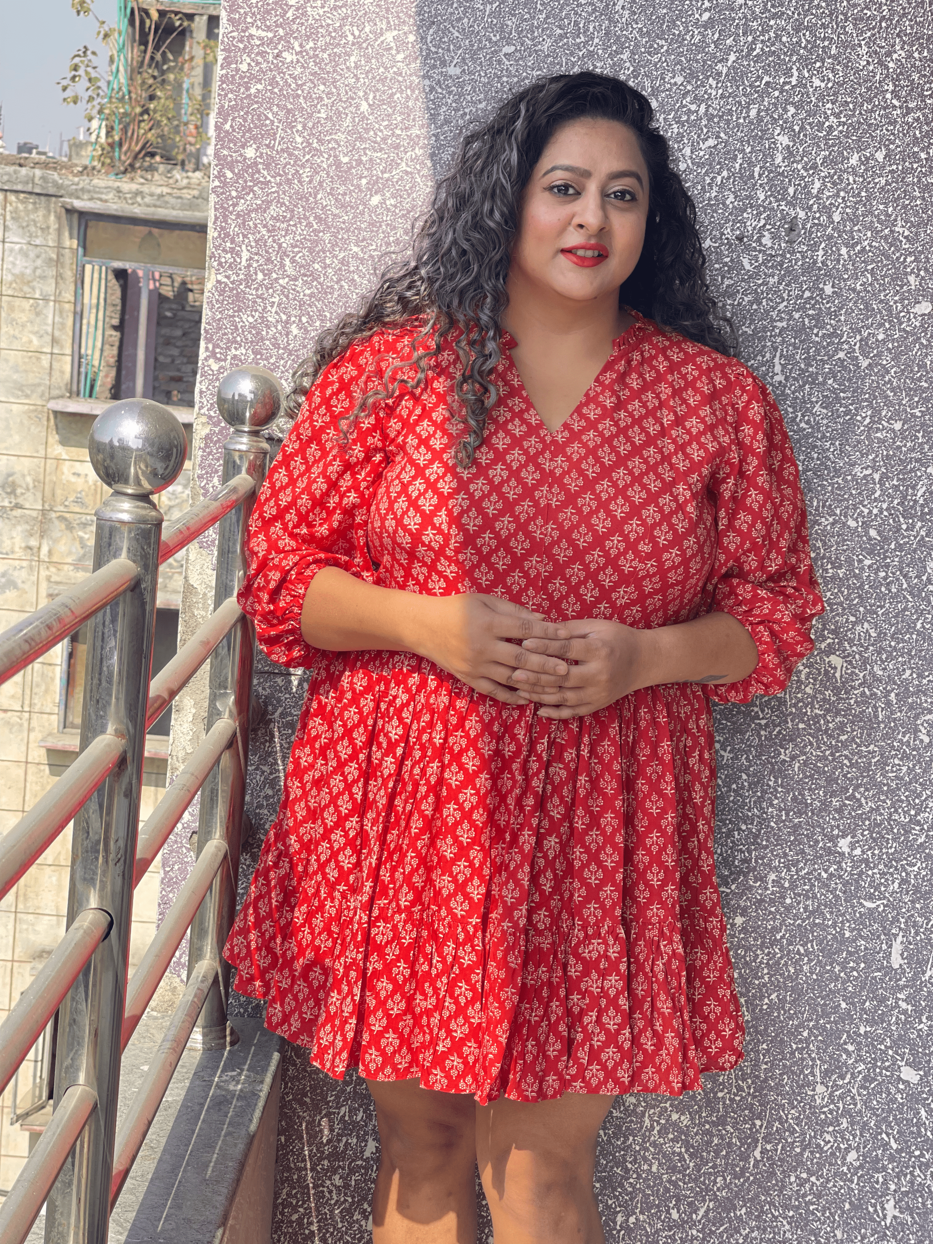 Red Bagru Handblock Printed Modal Cotton Frock Style Dress