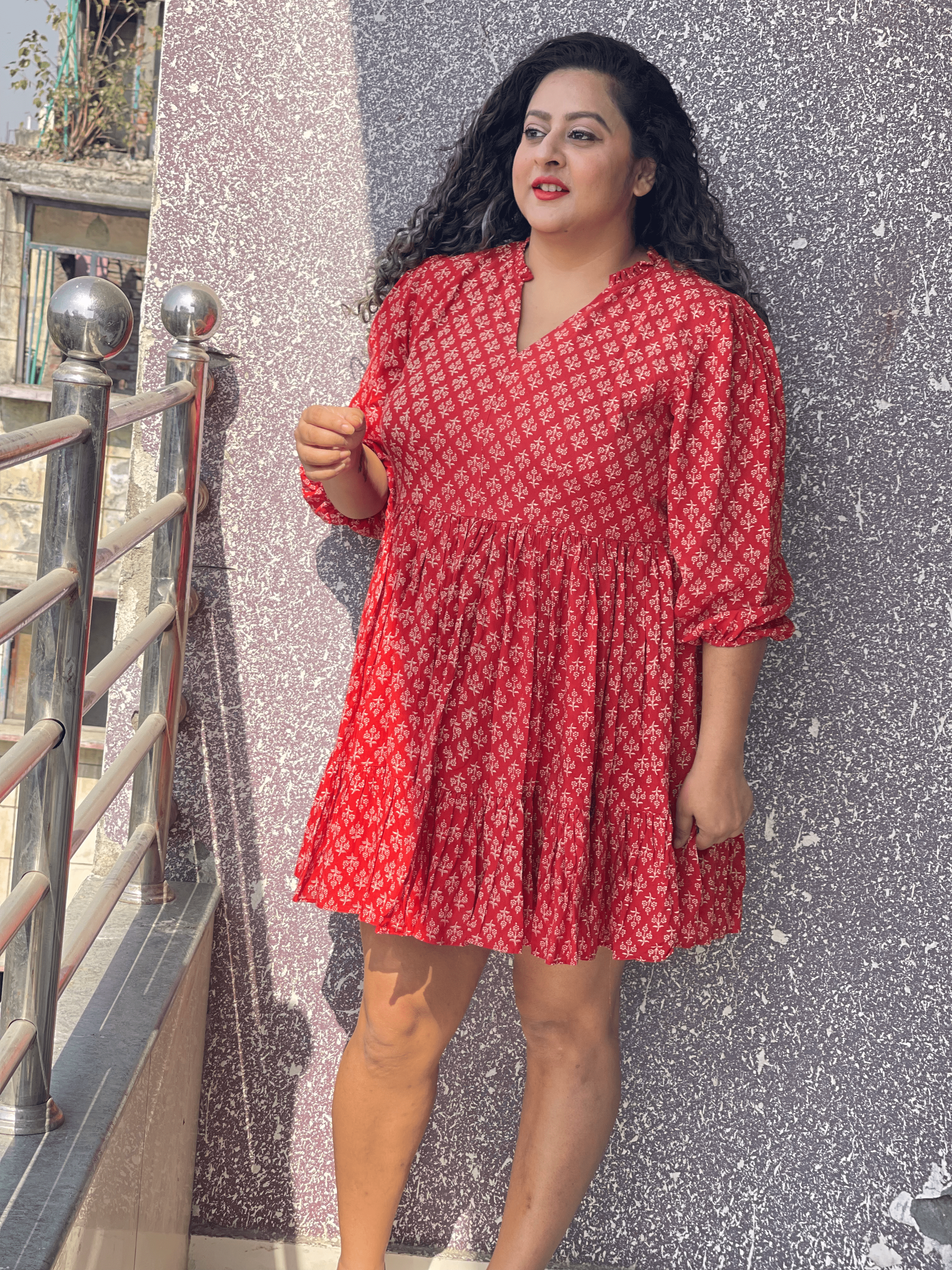 Red Bagru Handblock Printed Modal Cotton Frock Style Dress