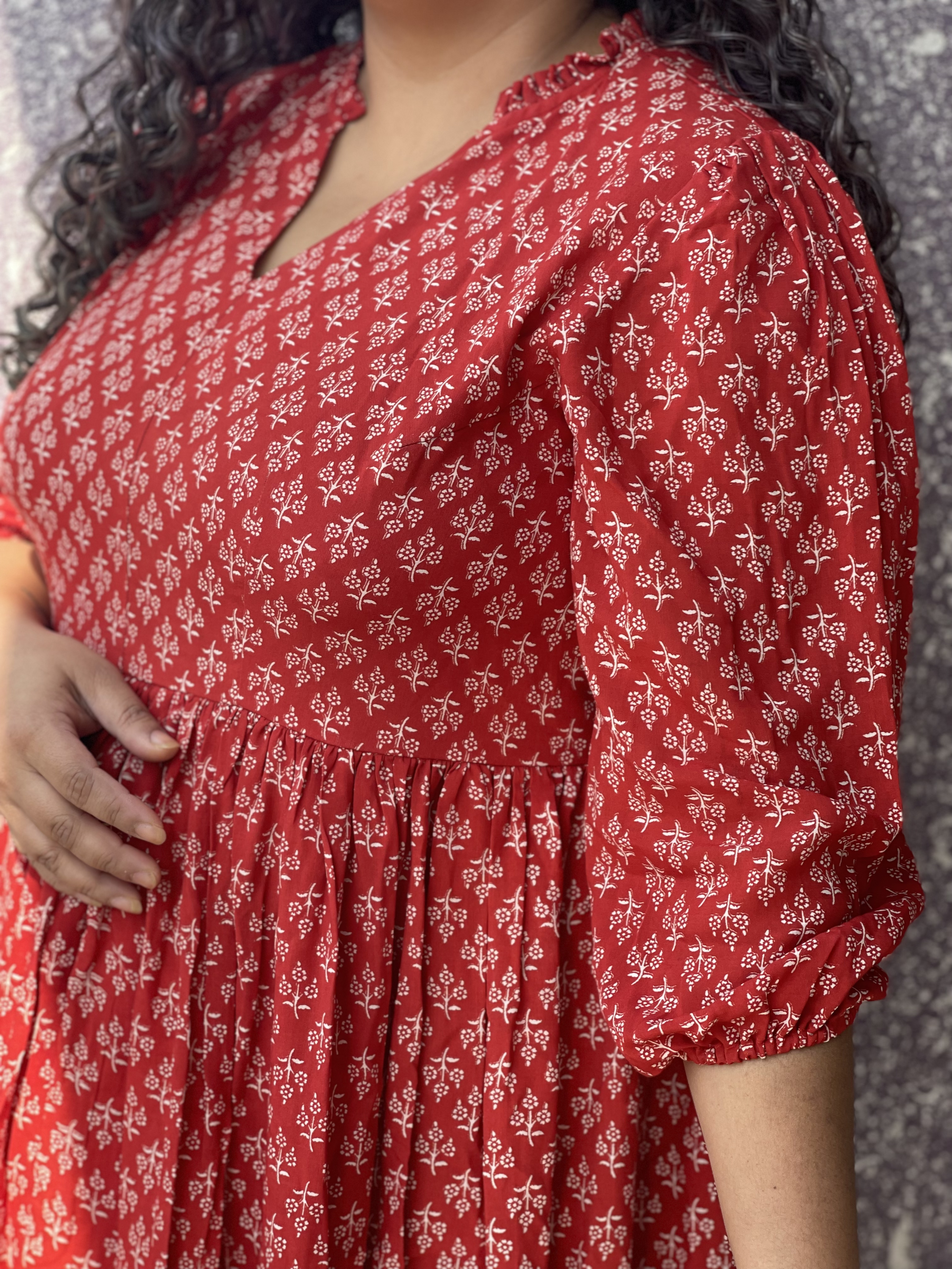 Red Bagru Handblock Printed Modal Cotton Frock Style Dress