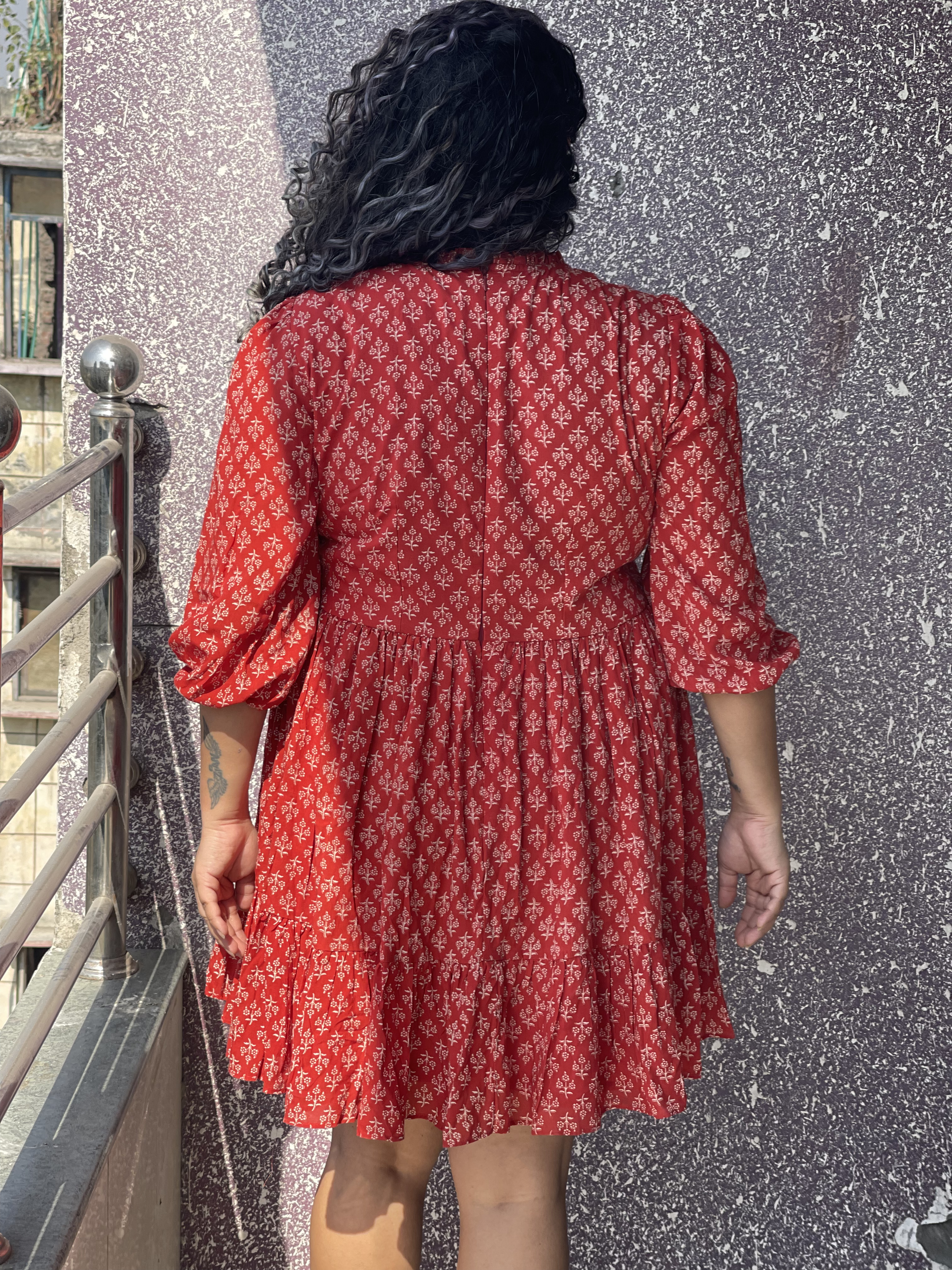 Red Bagru Handblock Printed Modal Cotton Frock Style Dress
