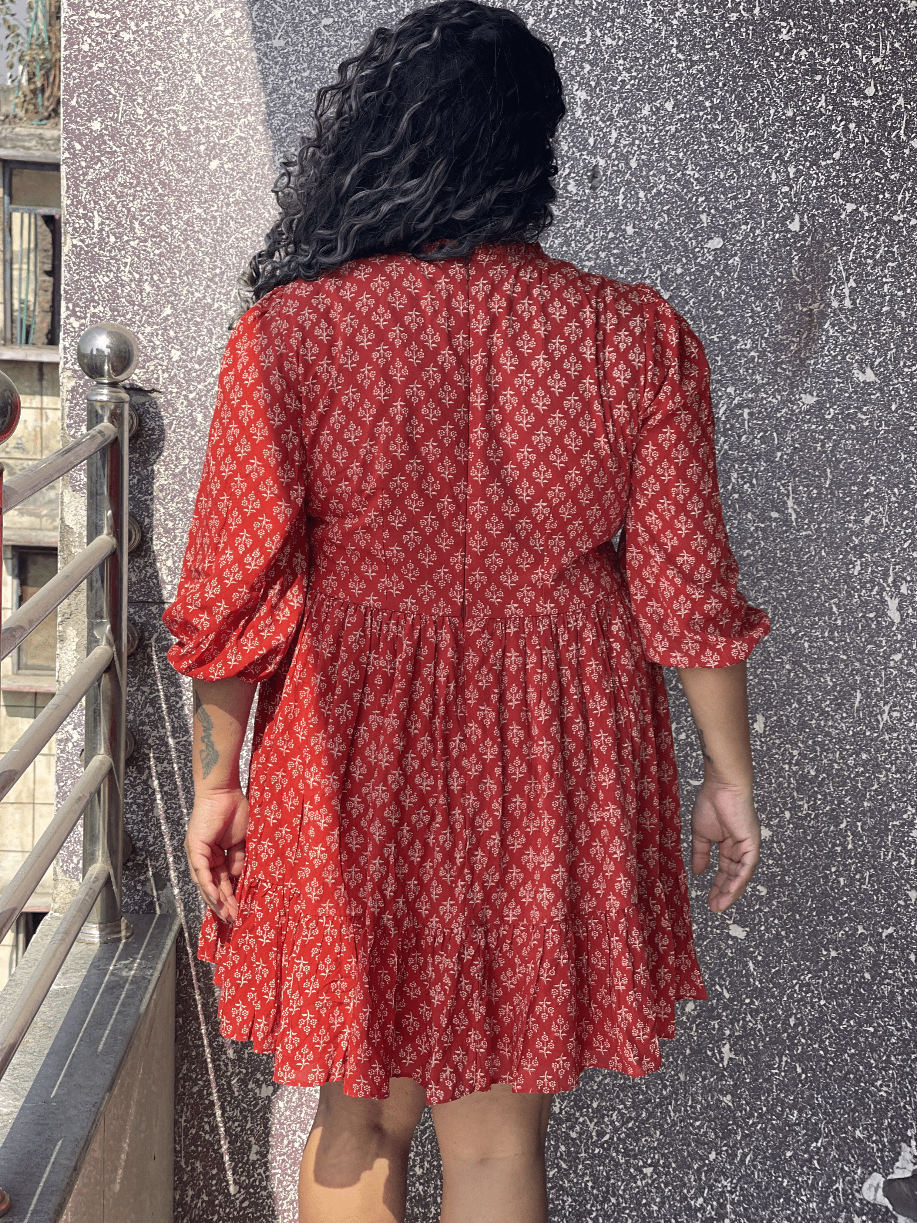 Red Bagru Handblock Printed Modal Cotton Frock Style Dress -Dress