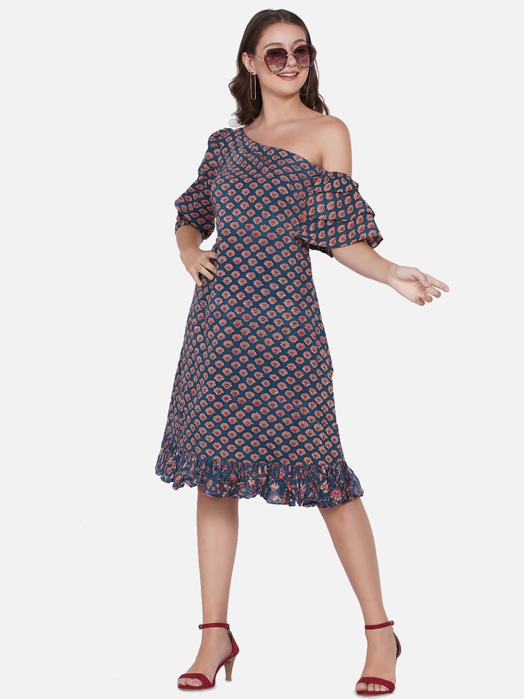 Sea Green Sanganeri Handblock printed Two Sleeves Dress