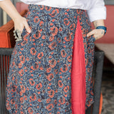 Indigo floral Ajrakh handblock print A-line cotton skirt with maroon slit