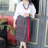 Indigo floral Ajrakh handblock print A-line cotton skirt with maroon slit
