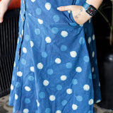 Indigo dabu handblock print polka dots cotton A-line  skirt with wooden buttons
