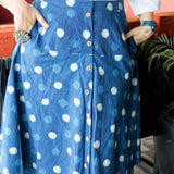 Indigo dabu handblock print polka dots cotton A-line  skirt with wooden buttons