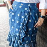 Indigo dabu handblock print polka dots wrap style cotton skirts with frills