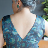 Black vanaspati handblock print indigo floral modal satin deep neck blouse