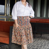 Off-white Ajrakh handblock print Yoke style cotton skirt