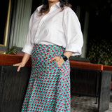 Green sanganeri with red booti handblock print trumpet cotton skirt