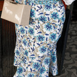 White cotton flounce skirt with blue sanganeri floral handblock prints