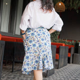 White cotton flounce skirt with blue sanganeri floral handblock prints
