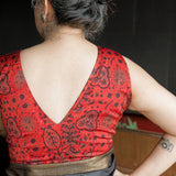 Red Ajrakh Handblock printed modal silk deep neck blouse