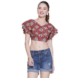 Red Kalamkari Bagru Handblock Printed  Crop Top