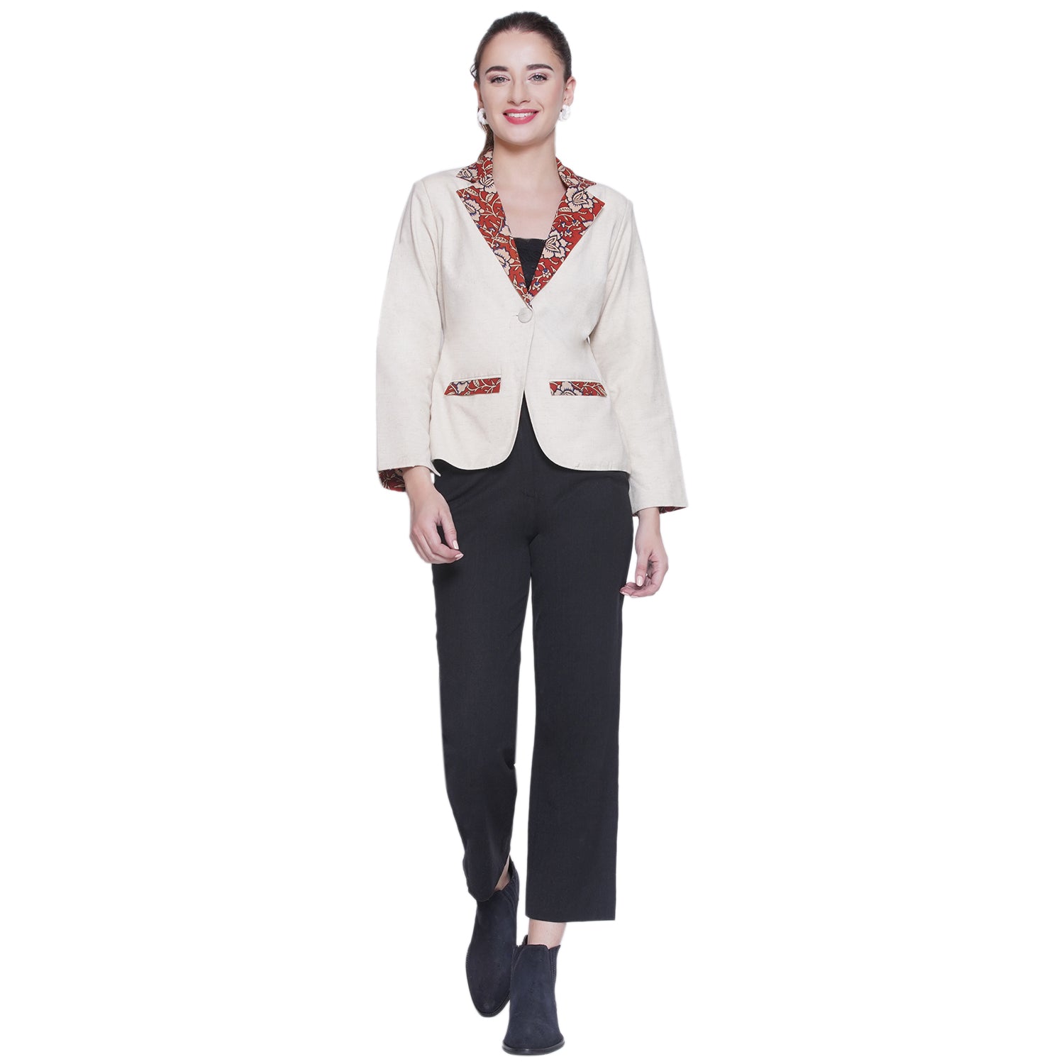 White Cotton Blazer with Kalamkari Handblock printed collar