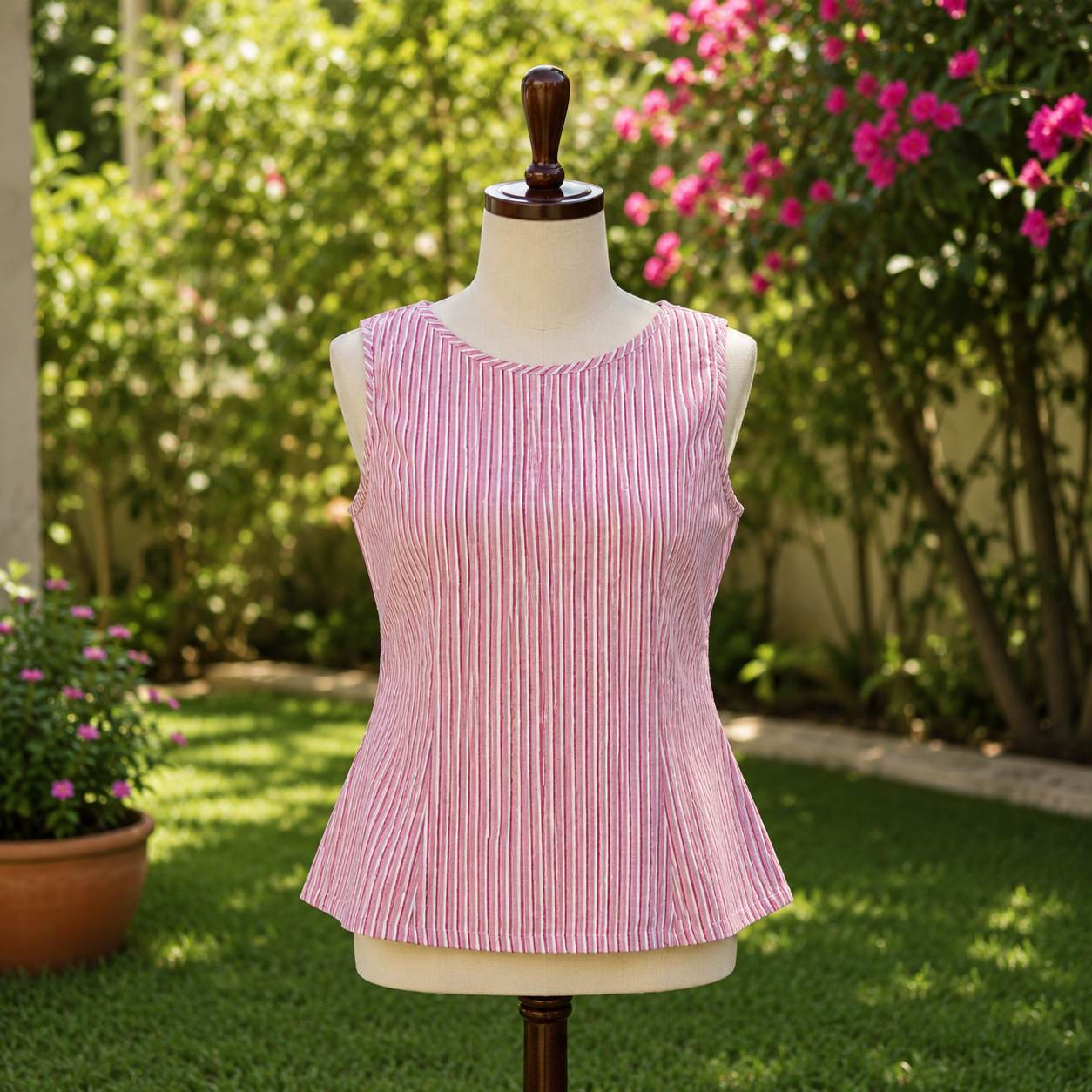 Rosewood Stripe- Indigo Dabu Stripe Handblock Printed Cotton Pepalum Sleeveless Top