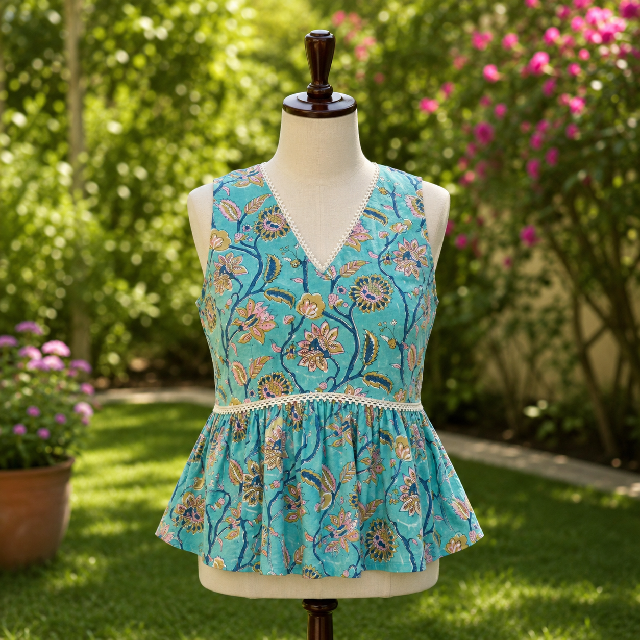 Bluebell Bloom- Blue Sanganeri Handblock Print Cotton Peplum Top -