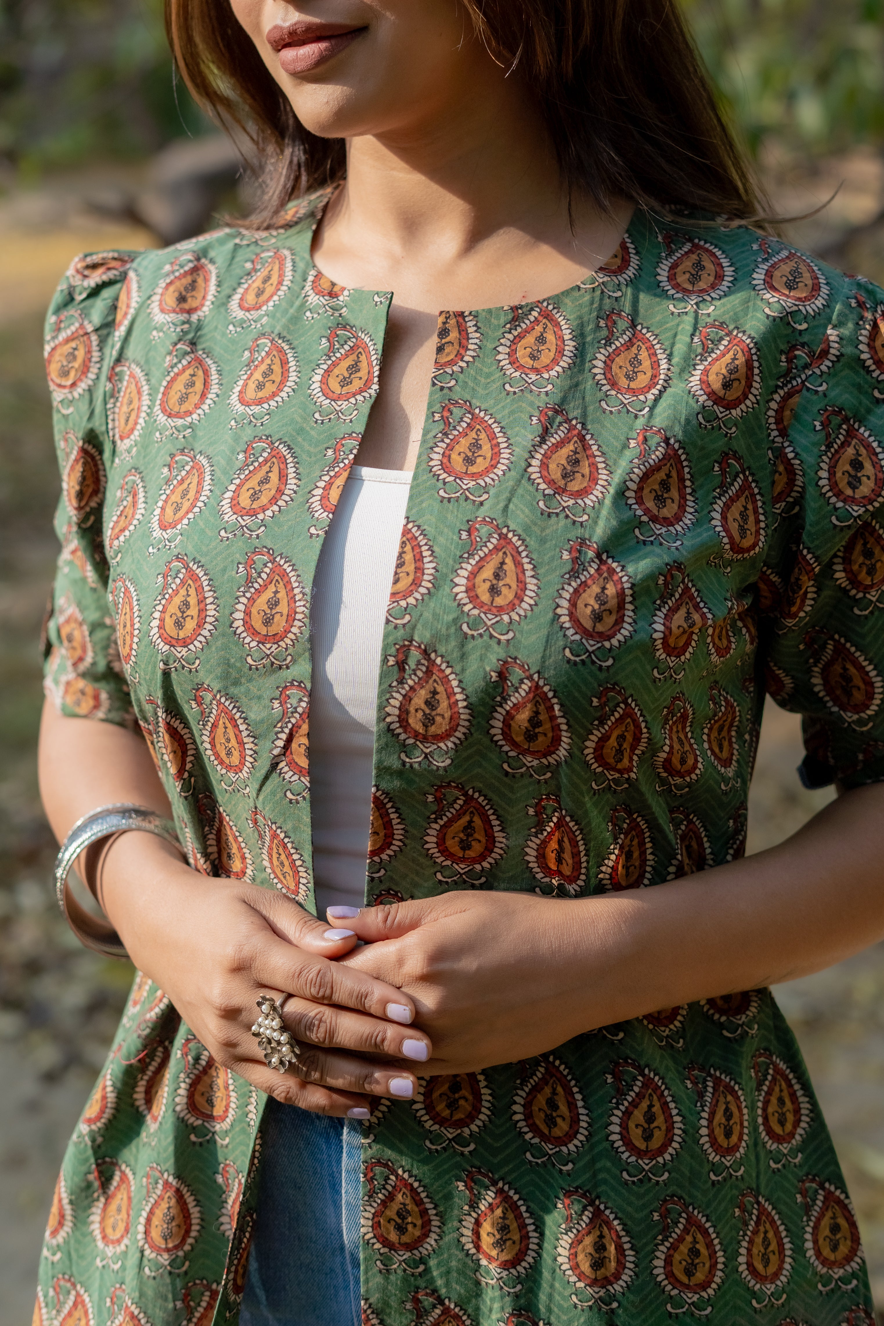 Green bagru paisley handblock print cotton shrug