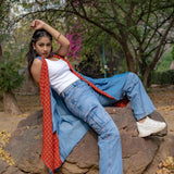 Denim waterfall shrug with red bagru handblock print collar