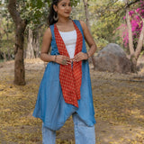 Denim waterfall shrug with red bagru handblock print collar