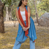 Denim waterfall shrug with red bagru handblock print collar