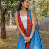 Denim waterfall shrug with red bagru handblock print collar