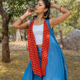 Denim waterfall shrug with red bagru handblock print collar