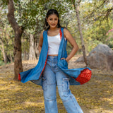 Denim waterfall shrug with red bagru handblock print collar