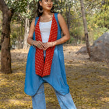 Denim waterfall shrug with red bagru handblock print collar