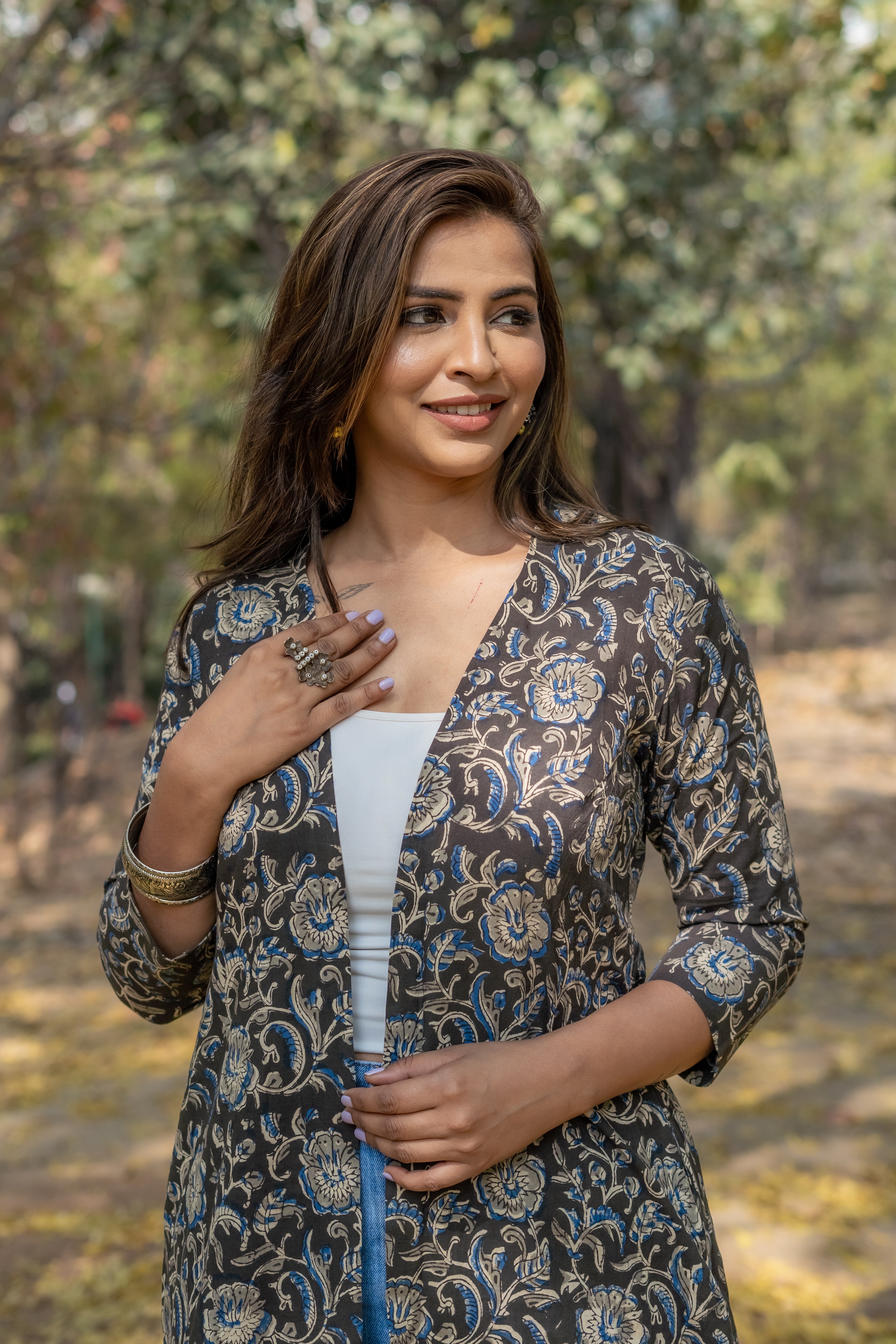 Black kalamkari handblock print hi-lo cotton shrug