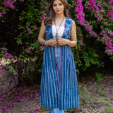 Indigo dabu handblock print long cotton shrug with fuschia pink piping