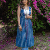 Indigo dabu handblock print long cotton shrug with fuschia pink piping