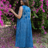 Indigo dabu handblock print long cotton shrug with fuschia pink piping