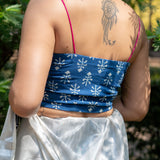 Indigo dabu booti & stripe handblock print sleeveless cotton blouse with fuschia noodle strap