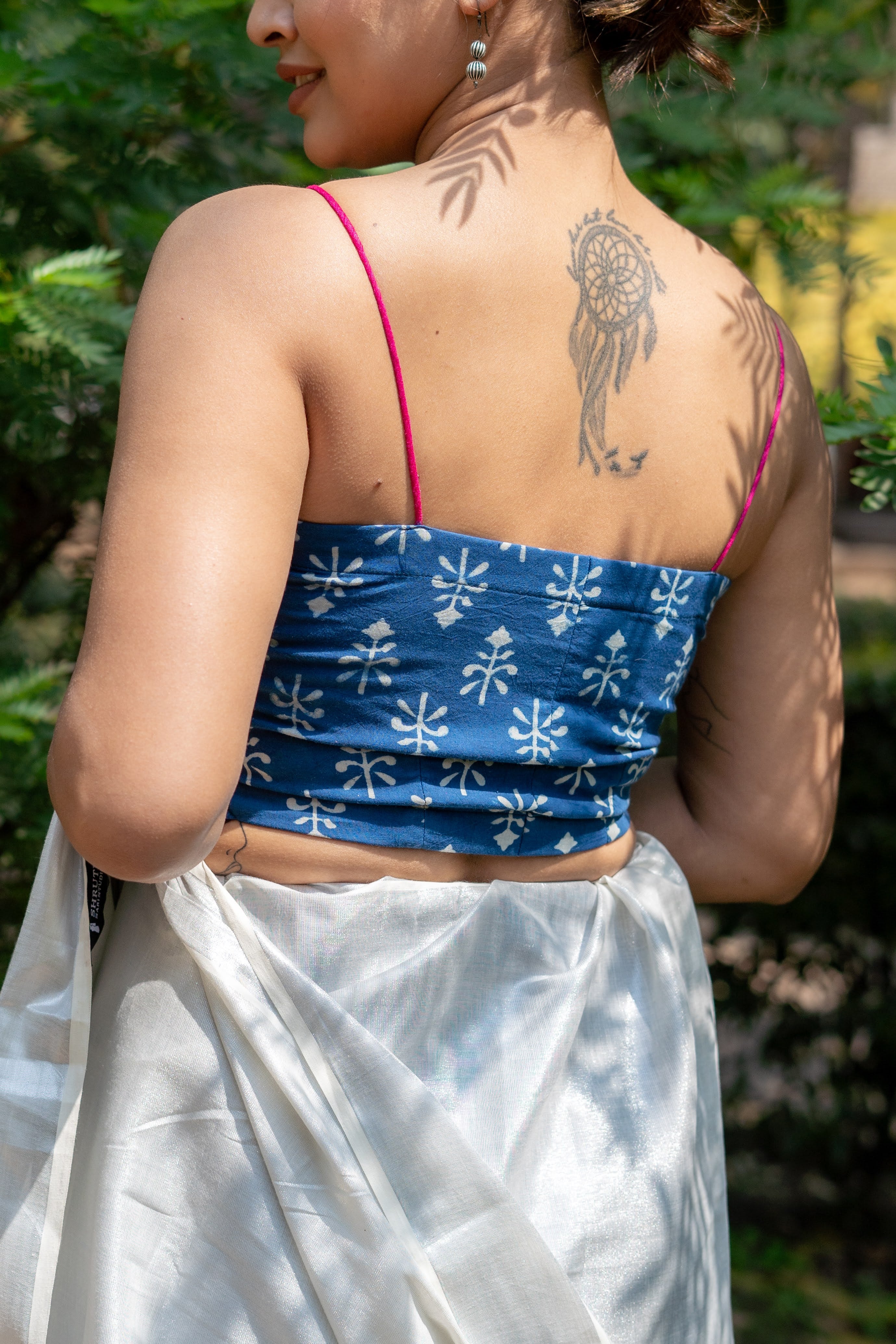 Indigo dabu booti & stripe handblock print sleeveless cotton blouse with fuschia noodle strap