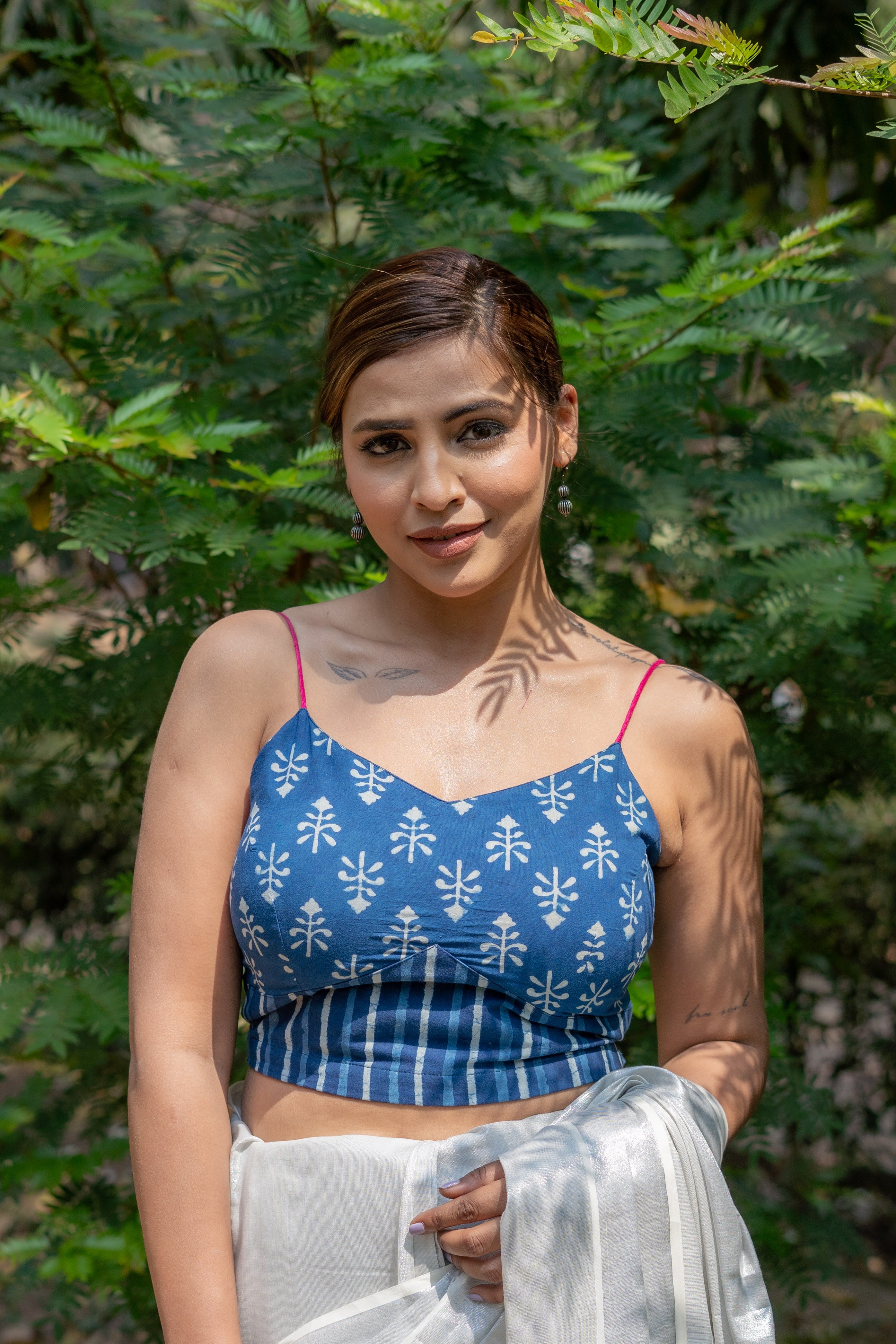 Indigo dabu booti & stripe handblock print sleeveless cotton blouse with fuschia noodle strap