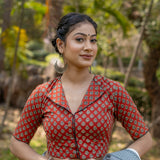 Red bagru  booti handblock print collar with V-neck cotton blouse