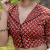 Red bagru  booti handblock print collar with V-neck cotton blouse