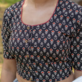 Black bagru handblock booti round neck cotton blouse with maroon piping