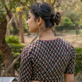 Black bagru handblock booti round neck cotton blouse with maroon piping
