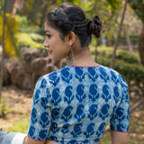 Indigo dabu paisley handblock print round neck cotton blouse with fuschia border